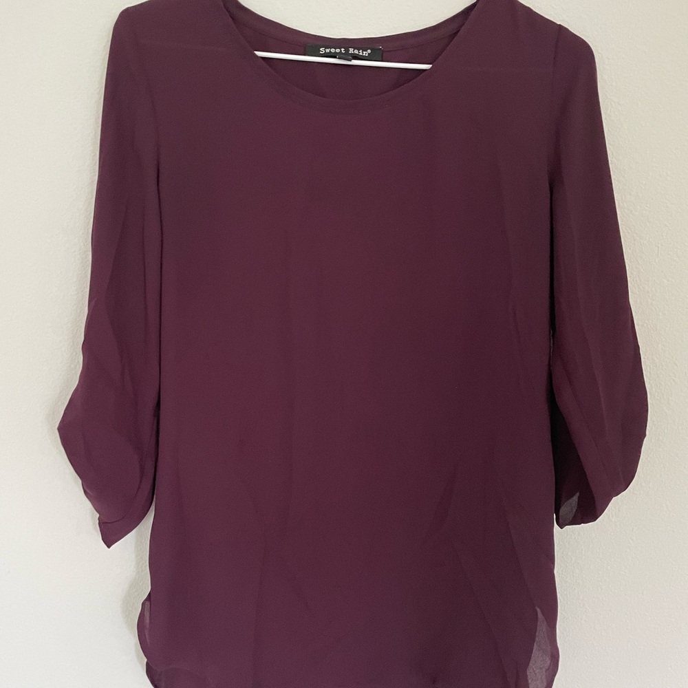Sweet Rain plum Nylon boat neck blouse.